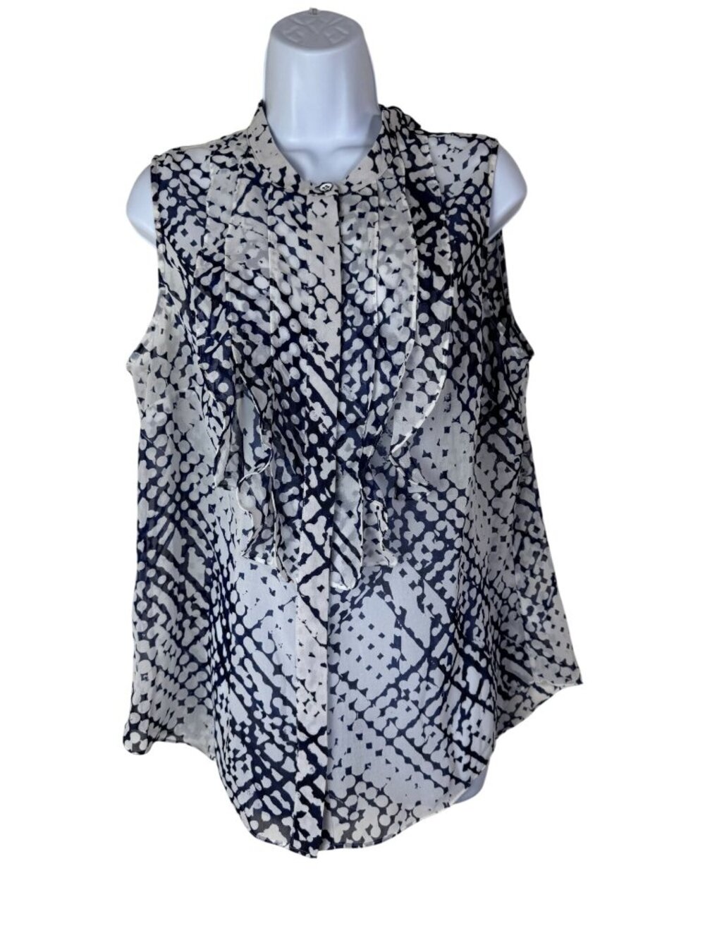 Cabi Womens Sleeveless Boho‎ Top Size Large Blue White Lightweight Flowy Sheer